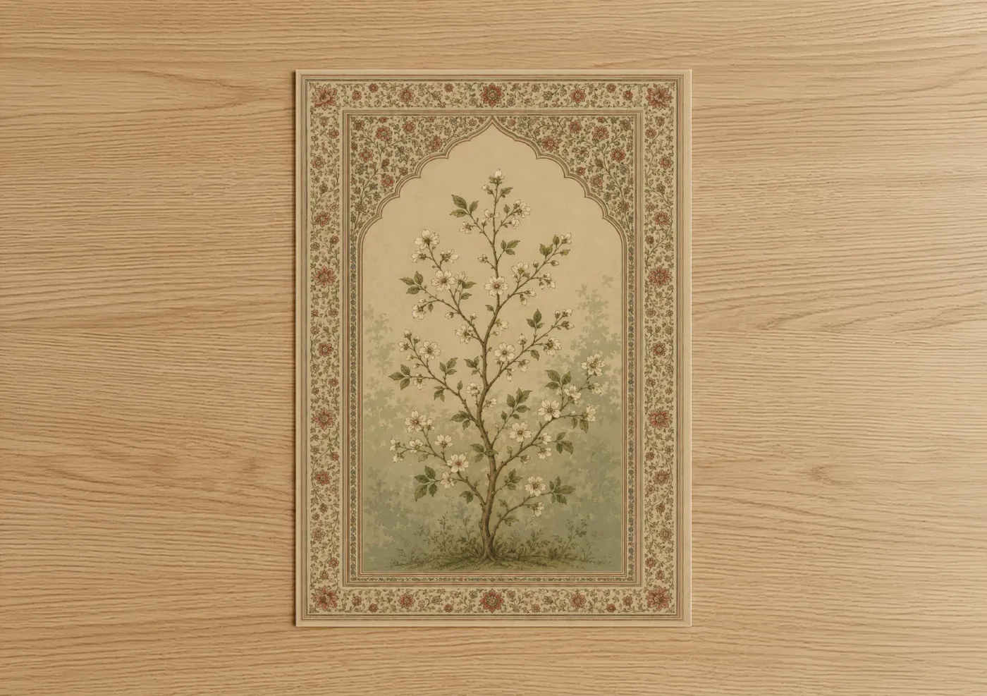Flower art print on warm oak wood — beige and cream palette — Persian Blossom Tree Wall Art poster