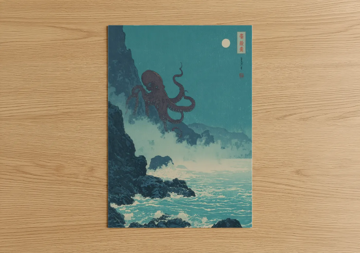 Moonlit Octopus Coastal Japanese Wall Art