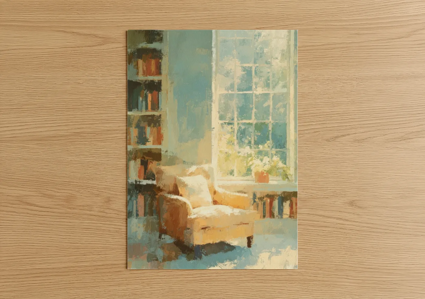 Art print on warm oak wood — cream and gold and white palette — Sunlit Library Corner poster