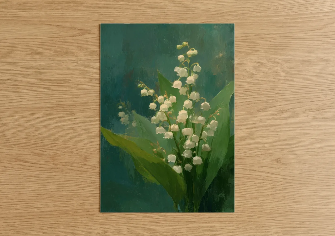 Christian symbols art print on warm oak wood — teal and light green palette — Lily of the Valley poster