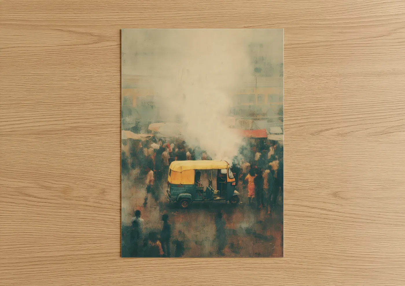 Art print on warm oak wood — gold and teal palette — Golden Rickshaw poster