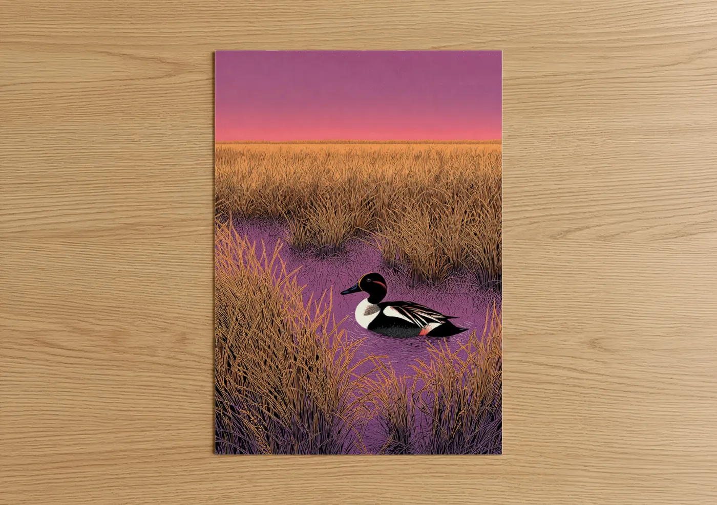 Duck in Marsh Sunset Landscape Illustration Wall Art