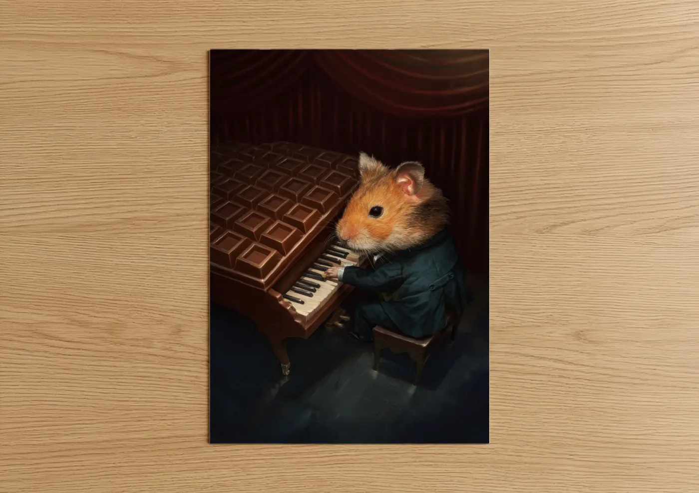 Art print on warm oak wood — maroon and gold palette — Concert Hamster poster