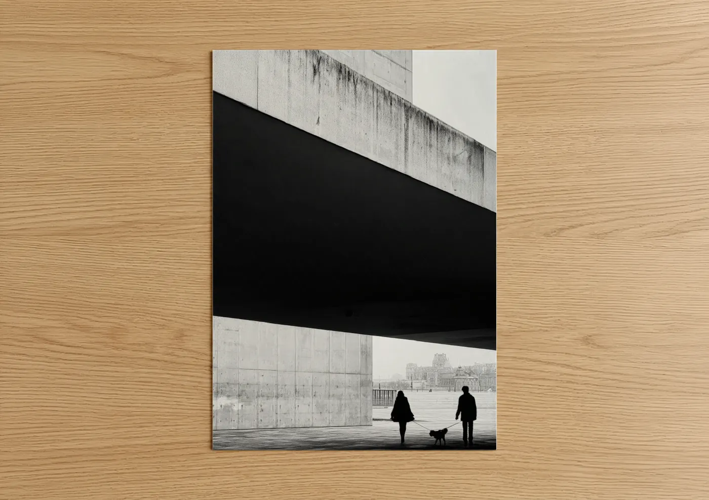 Abstract architecture art print on warm oak wood — black and white and gray palette — Urban Solitude poster