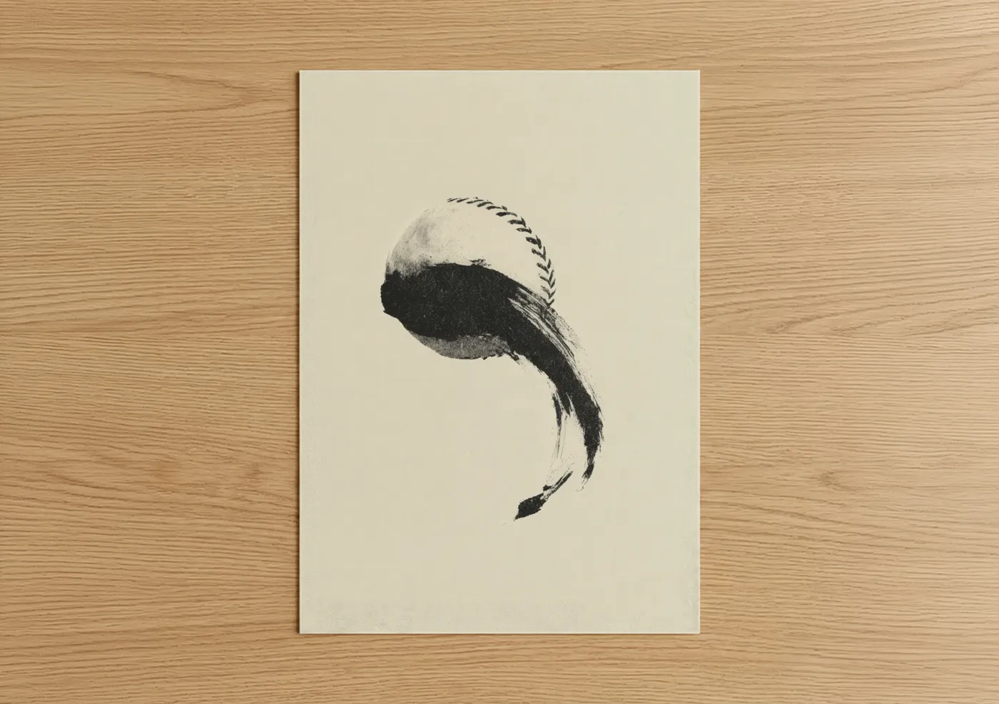 Art print on warm oak wood — black and white and cream palette — Minimal Baseball poster