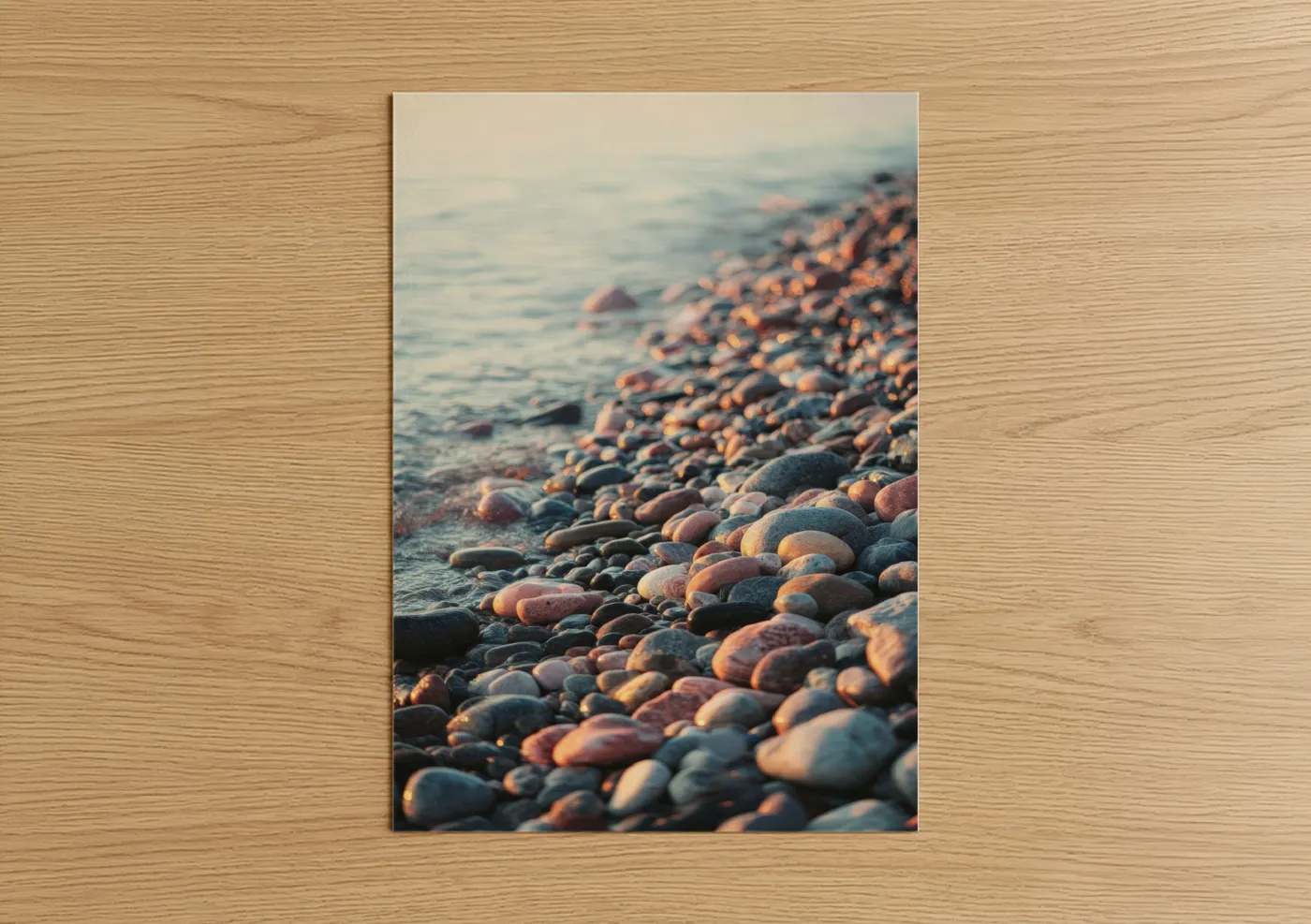 Natural stones art print on warm oak wood — gold palette — Golden Hour Stones poster