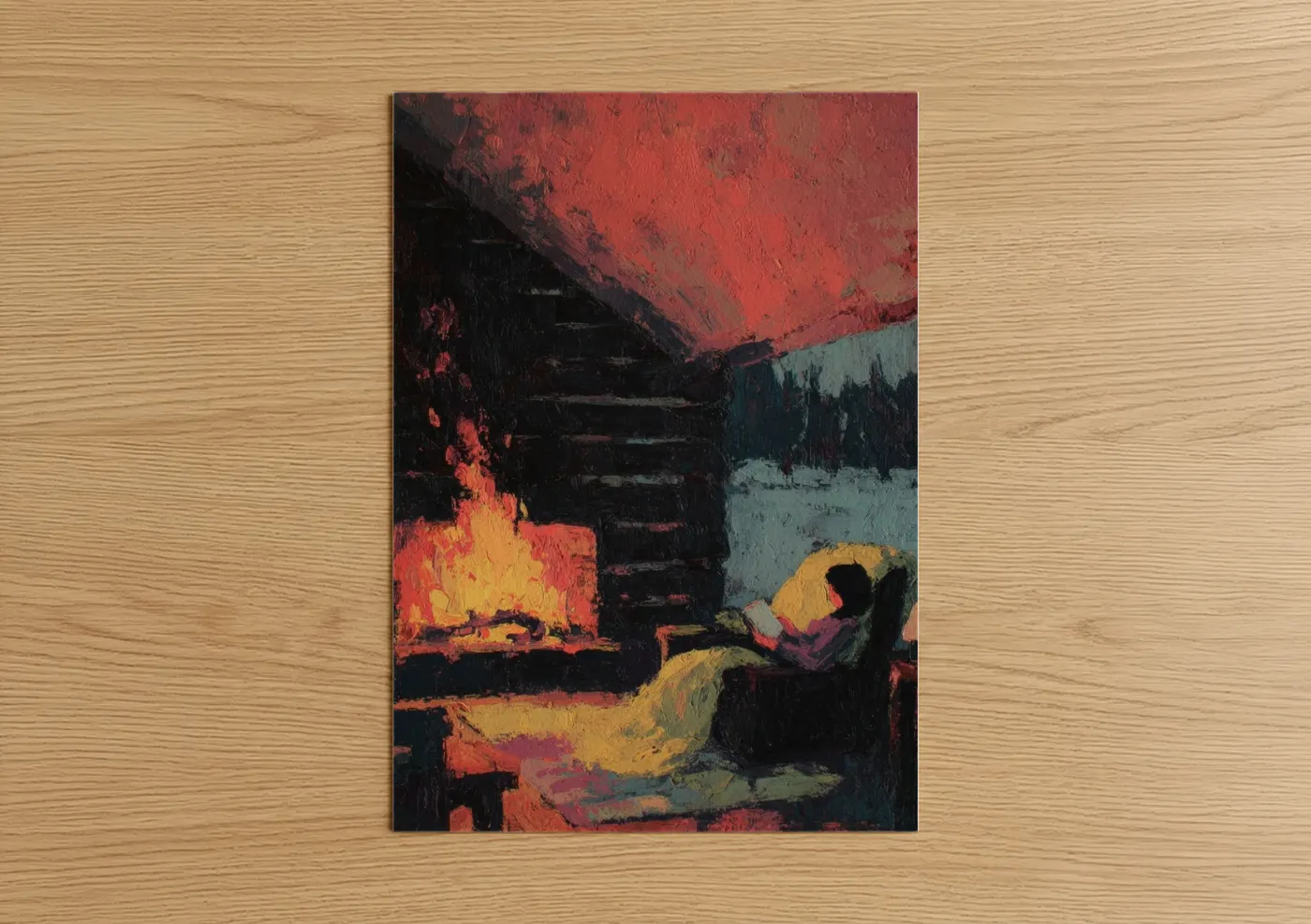 Art print on warm oak wood — red and yellow gold palette — Fireside Reading poster