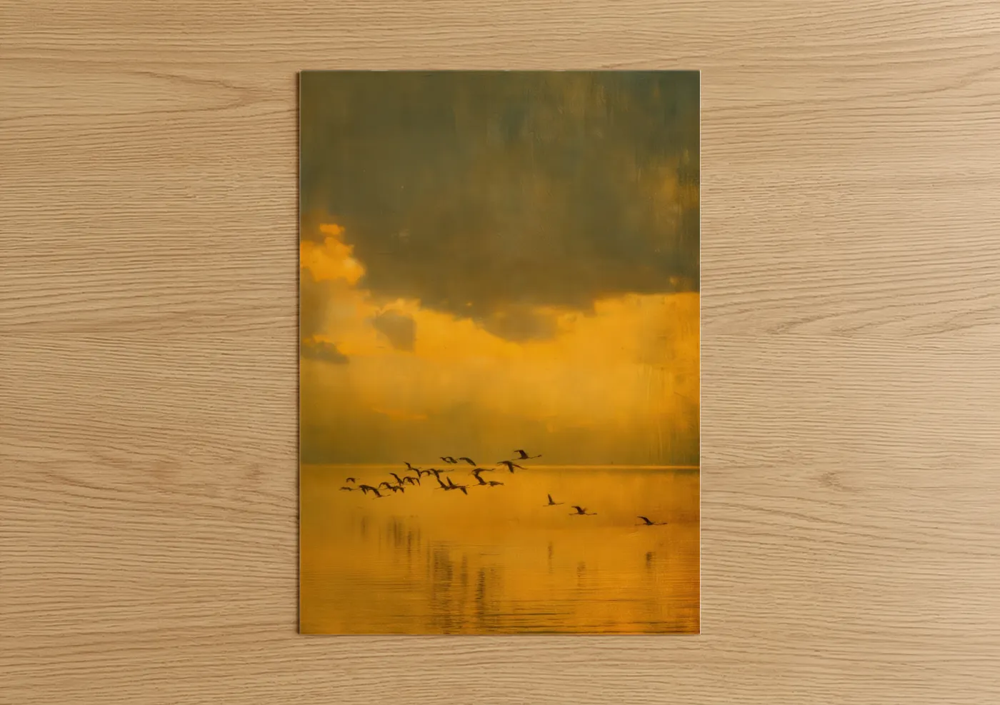 Art print on warm oak wood — gold and gray palette — Golden Flamingo Dawn poster