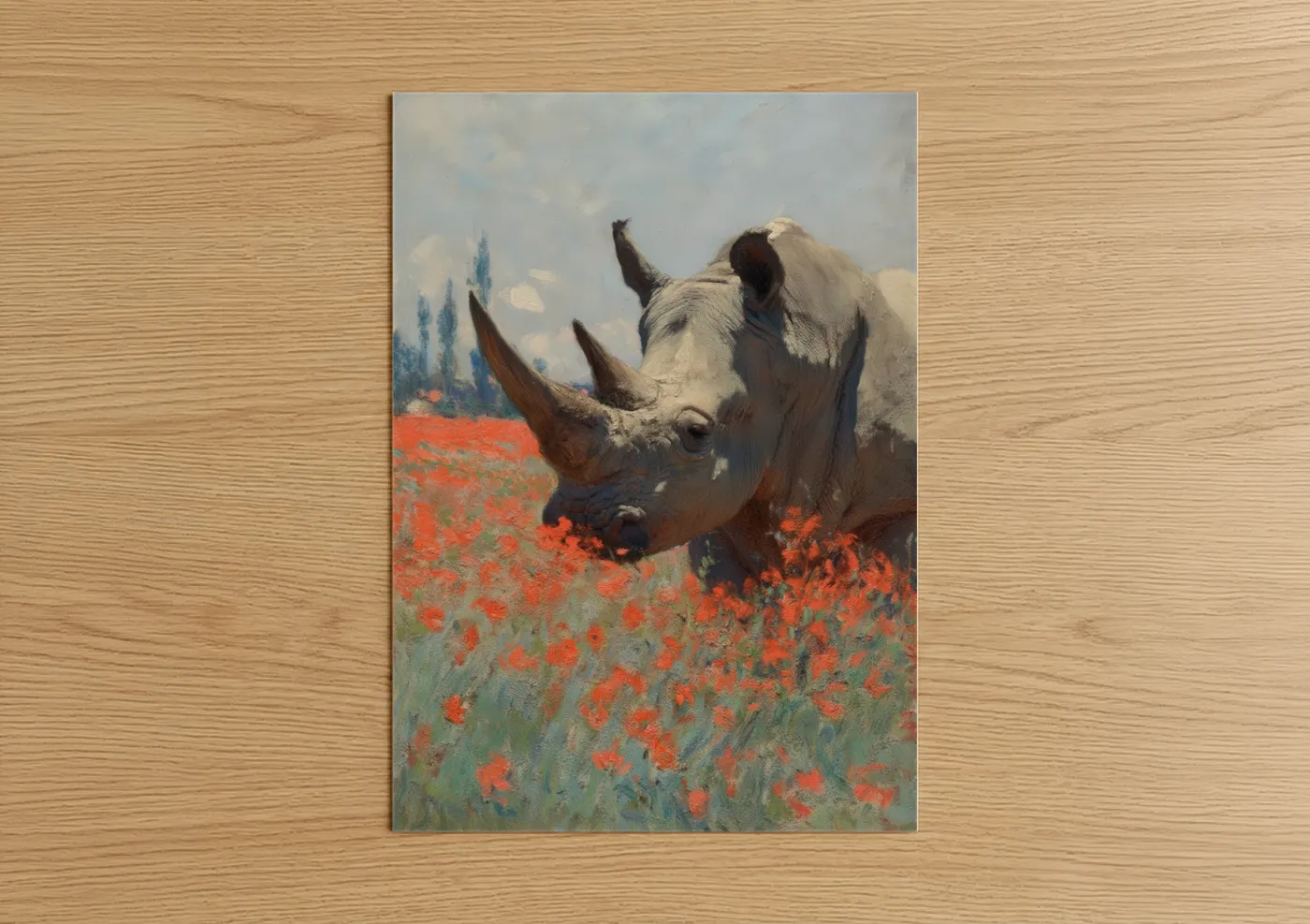Rhino in Red Poppy Field Painting Wall Art