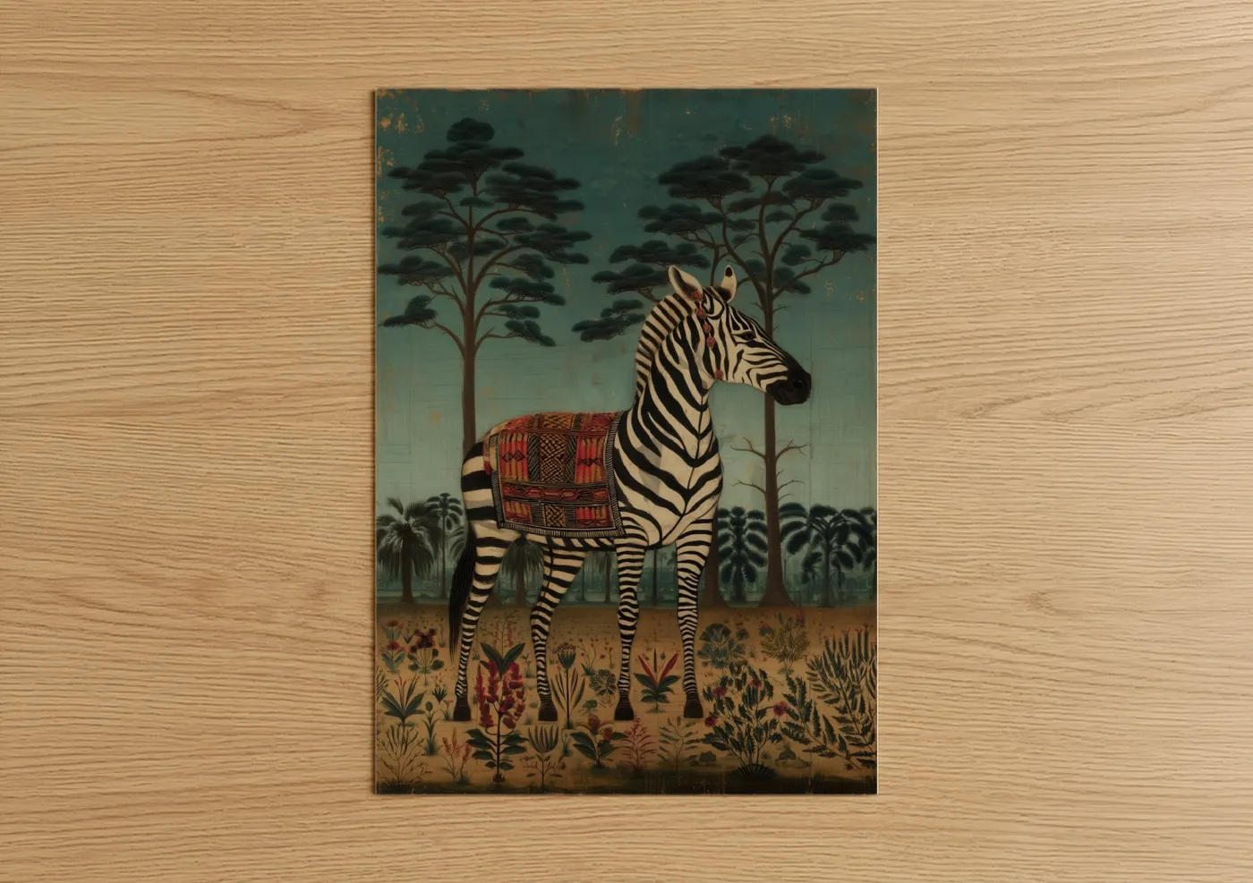 Art print on warm oak wood — teal palette — Ornate Zebra poster