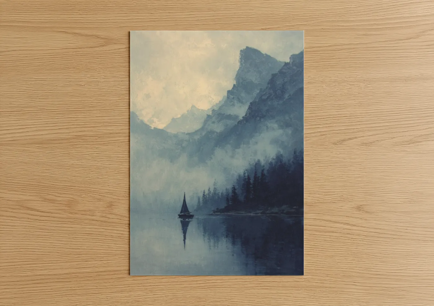 Sailing ship art print on warm oak wood — blue and white and gray palette — Alpine Sailing Serenity poster