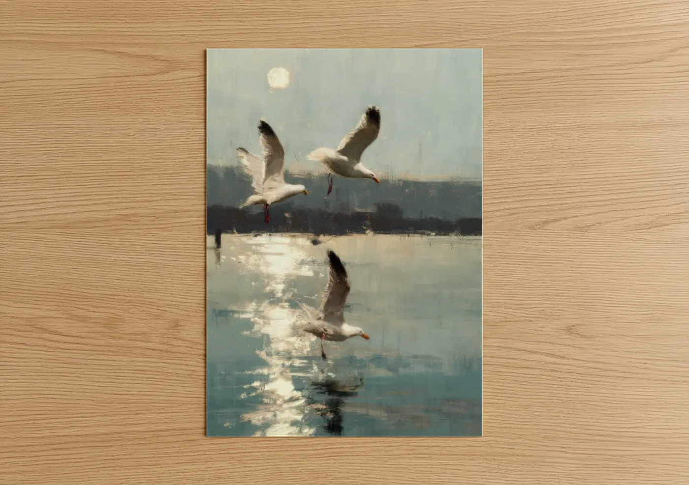 Misty Morning Seagulls Flying Over Water Wall Art