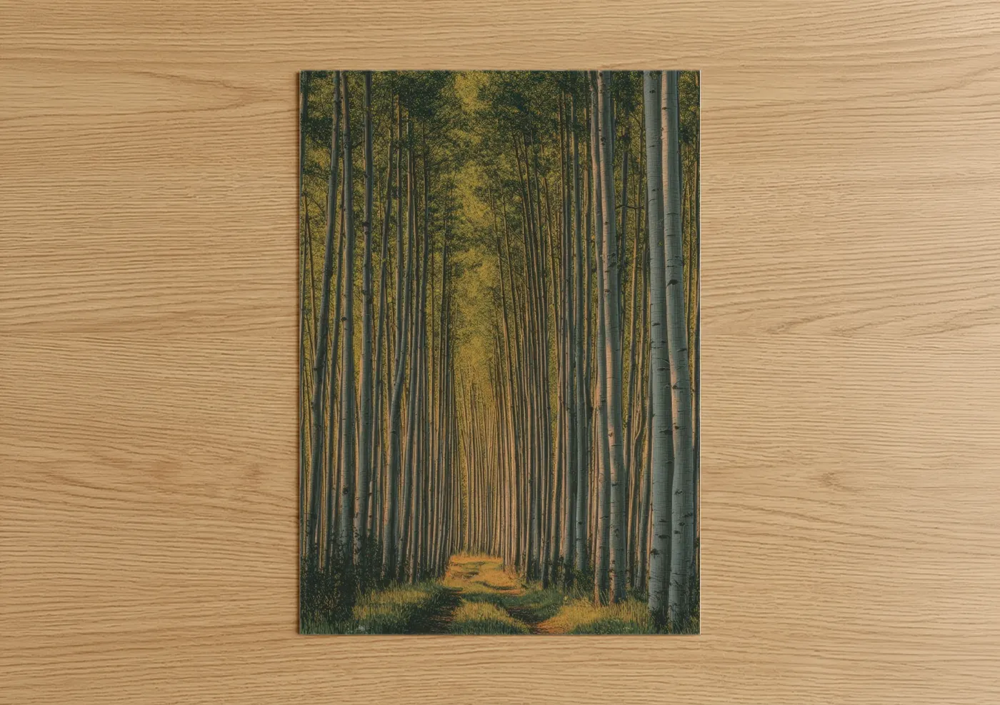 Aspen forest art print on warm oak wood — gold and gray palette — Golden Aspen Path poster
