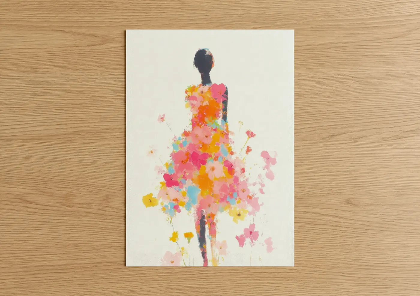 Fashion illustration art print on warm oak wood — pink and yellow gold palette — Floral Fashion Silhouette poster
