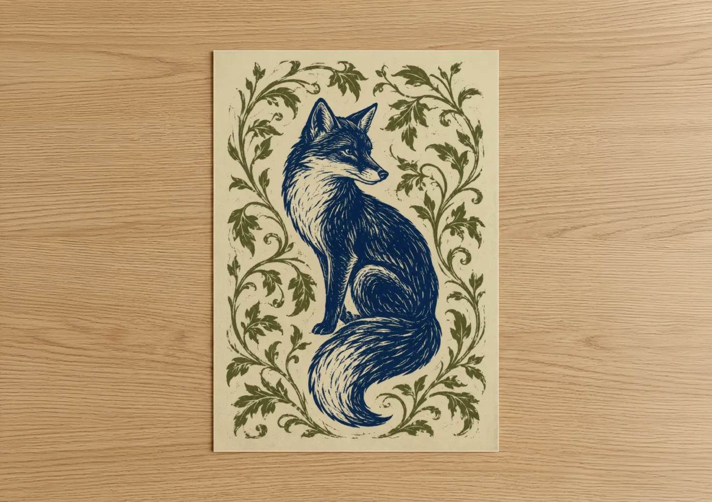 Art print on warm oak wood — blue and cream palette — Blue Fox With Botanical Border Wall Art poster