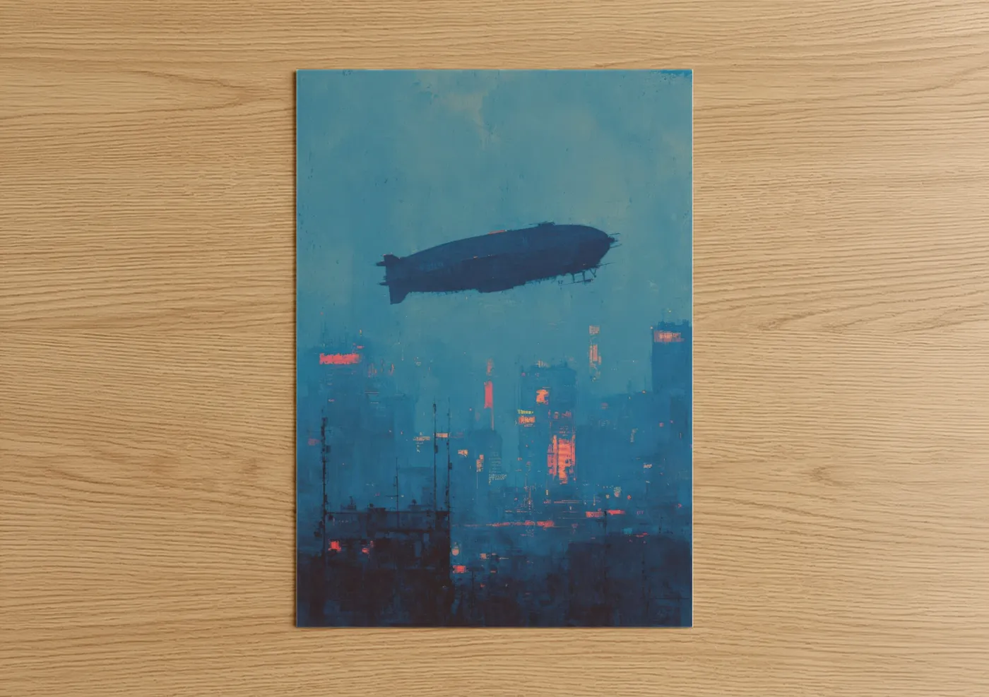 Neon Airship Cyberpunk City Night Wall Art