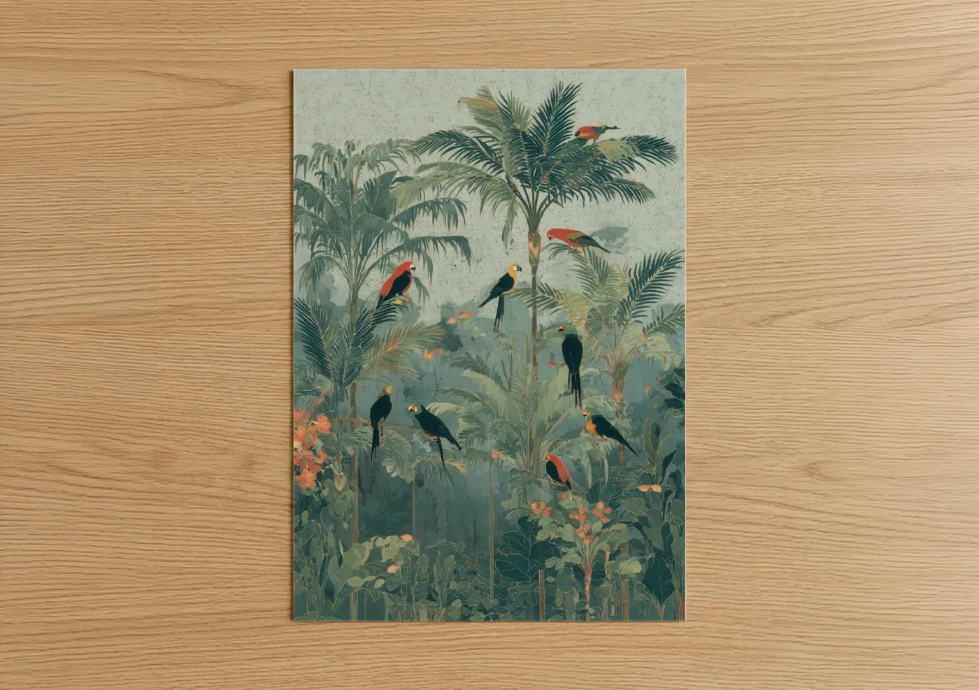 Tropical trees art print on warm oak wood — sage green and gold palette — Tropical Jungle Parrots poster