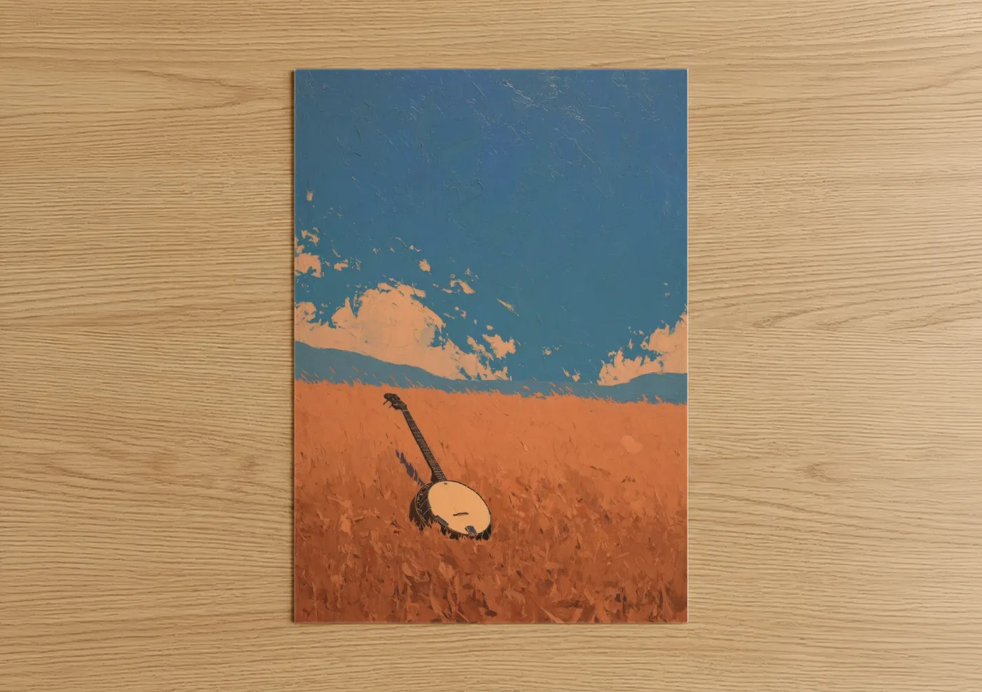 Art print on warm oak wood — orange and blue palette — Sunset Banjo poster