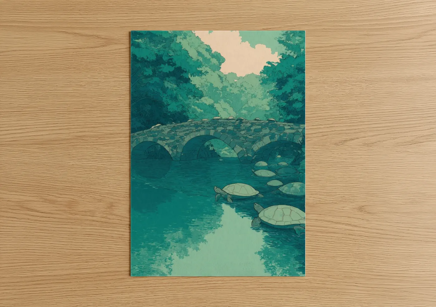 Stone Bridge Turtles River Illustration Wall Art