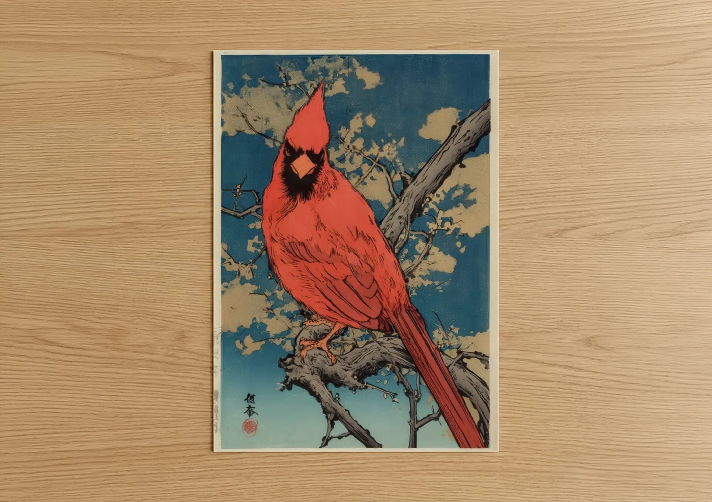 Art print on warm oak wood — red and dark blue palette — Crimson Cardinal Branch poster
