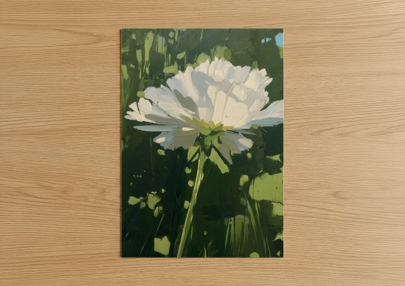 Abstract flower art print on warm oak wood — white and dark green palette — White Daisy Study poster