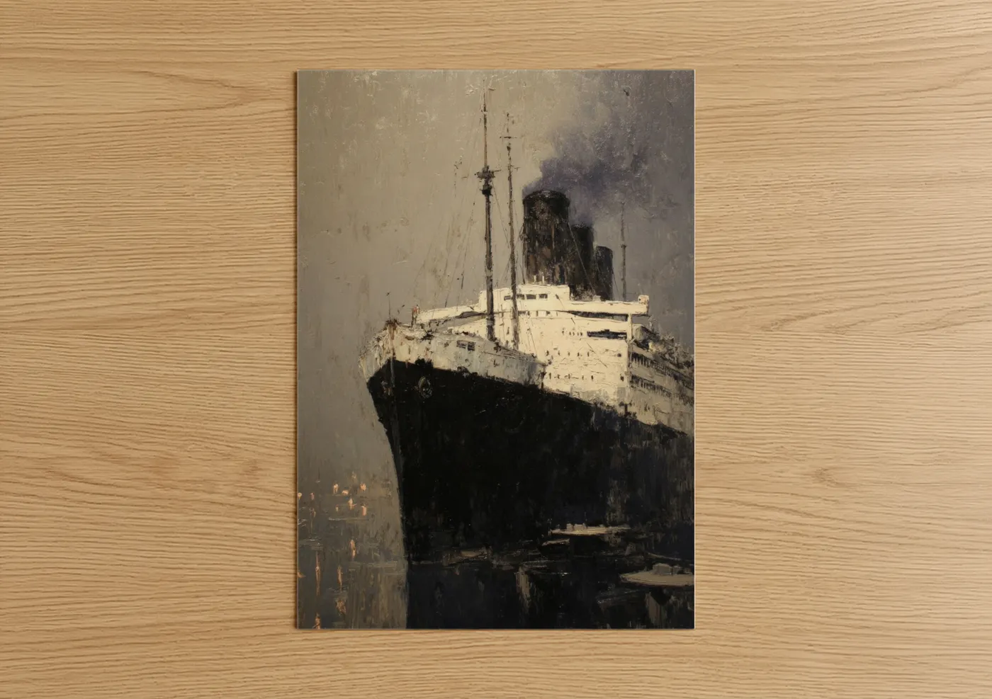 Cruise ship art print on warm oak wood — beige and black palette — Misty Ocean Liner poster