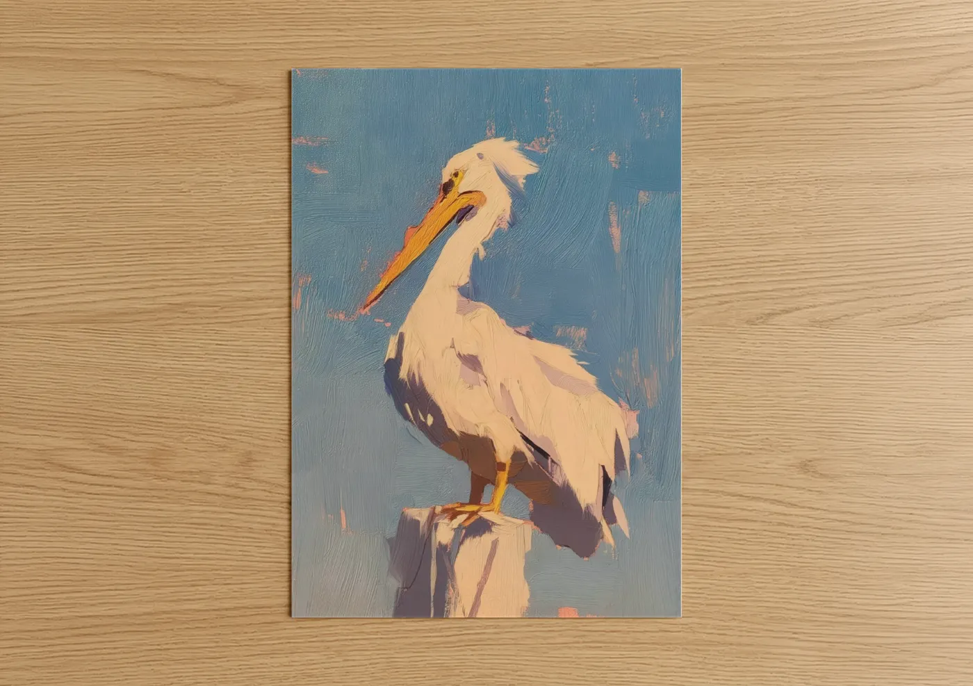 Art print on warm oak wood — gold and blue palette — Golden Pelican poster