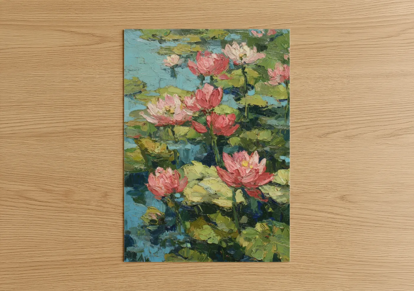Art print on warm oak wood — pink and blue palette — Pink Lotus Garden poster
