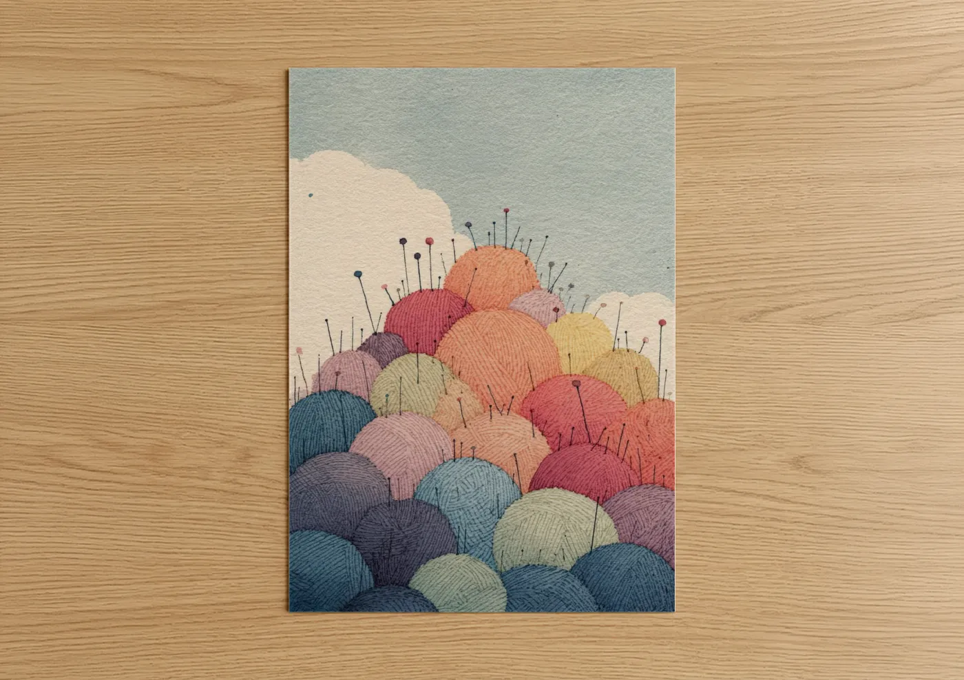 Knitting and sewing art print on warm oak wood — blue and pink palette — Colorful Yarn Balls poster