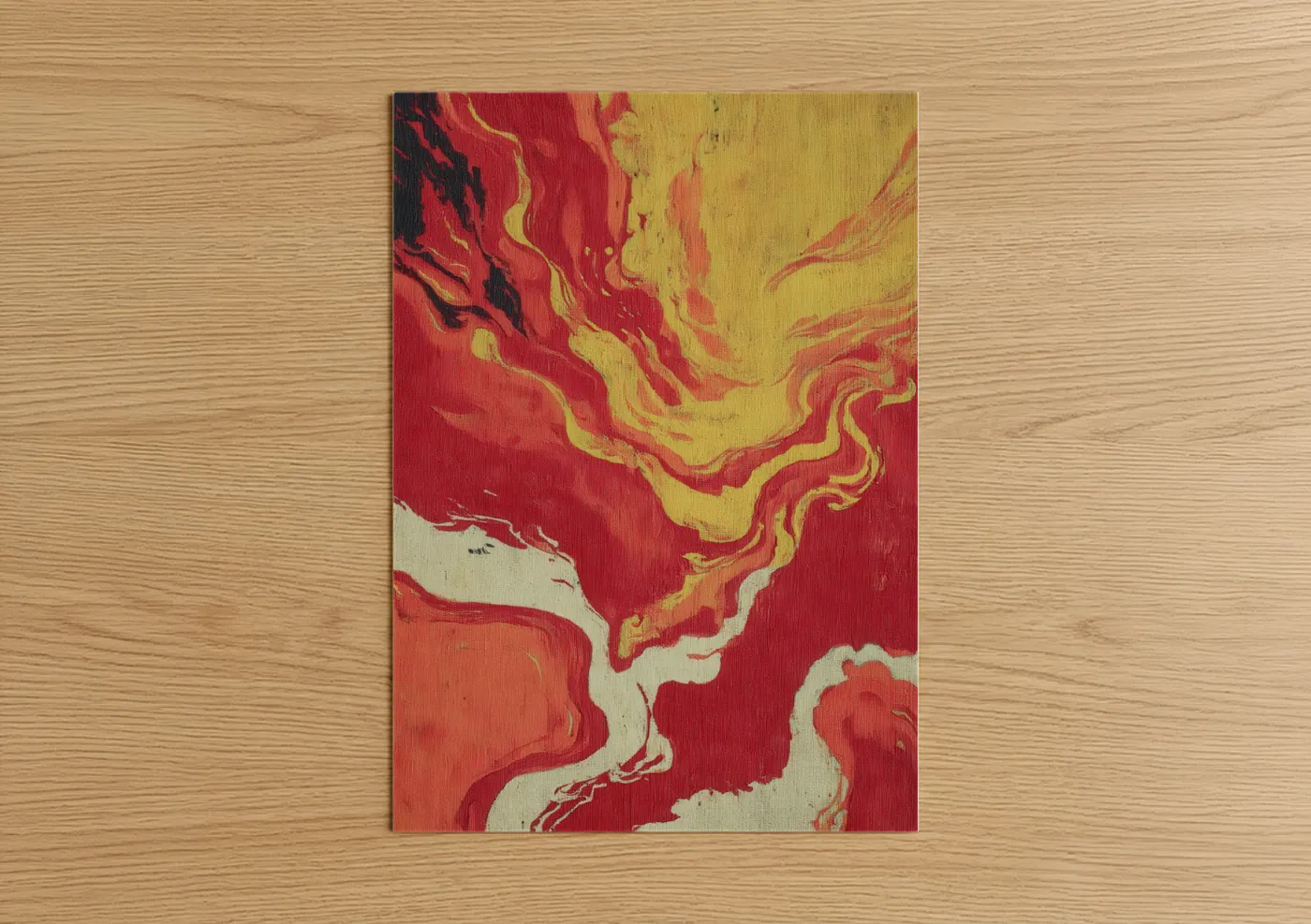 Art print on warm oak wood — red and yellow gold palette — Molten Volcano poster