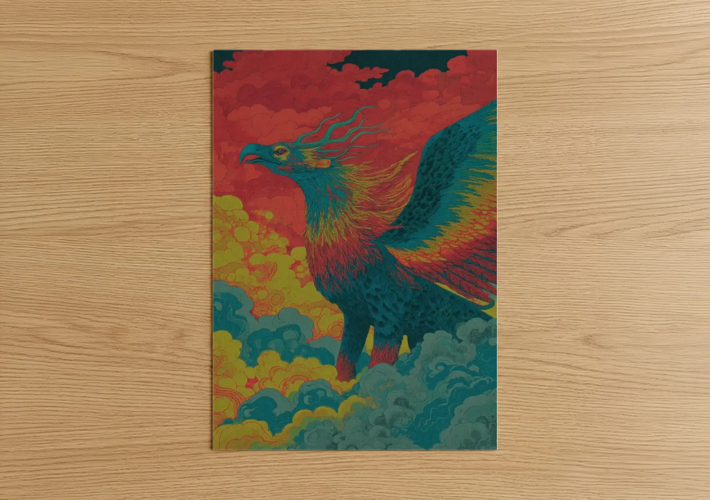 Art print on warm oak wood — red and teal palette — Crimson Phoenix Griffin poster