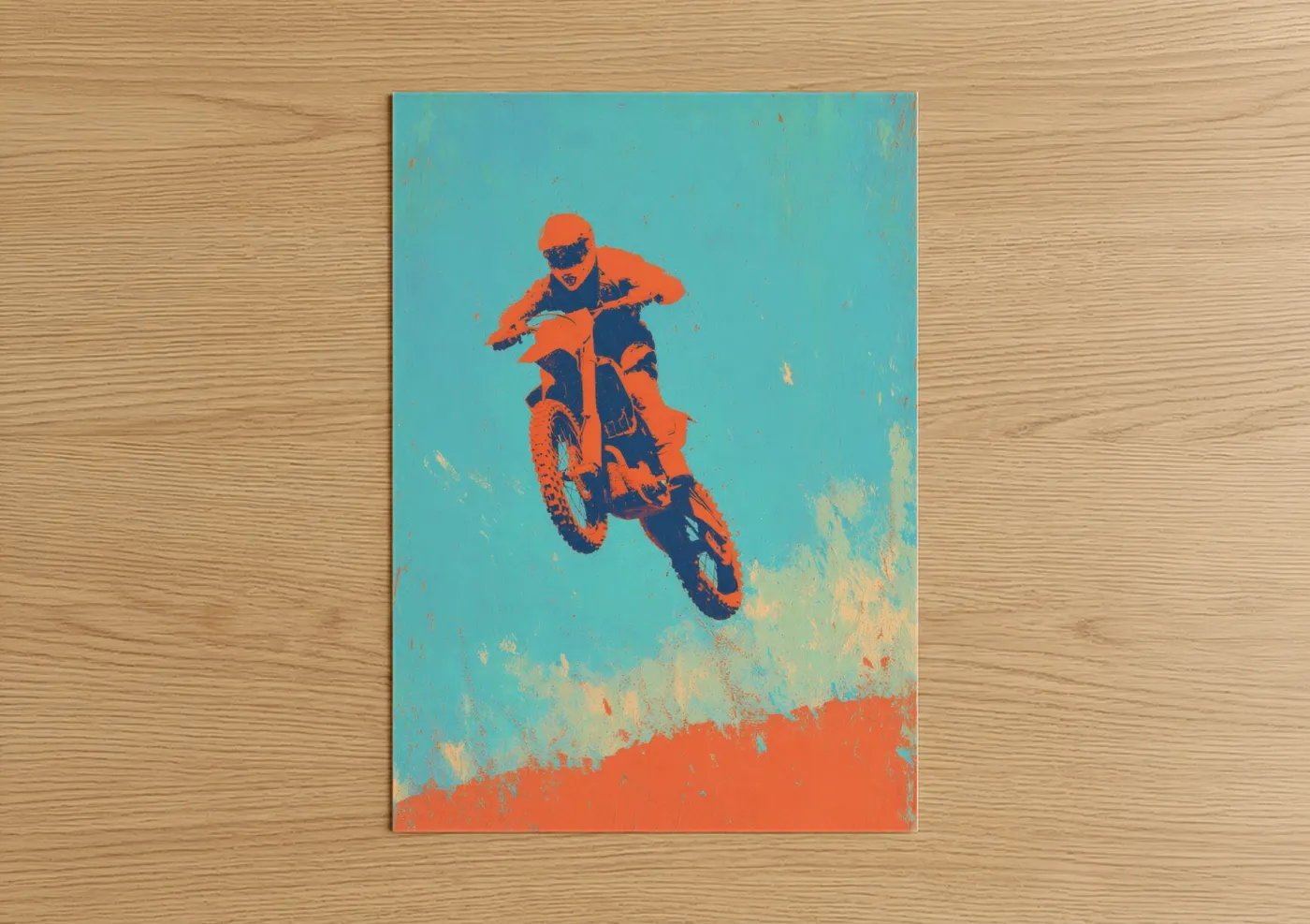 Art print on warm oak wood — orange and teal palette — Airborne Motocross poster