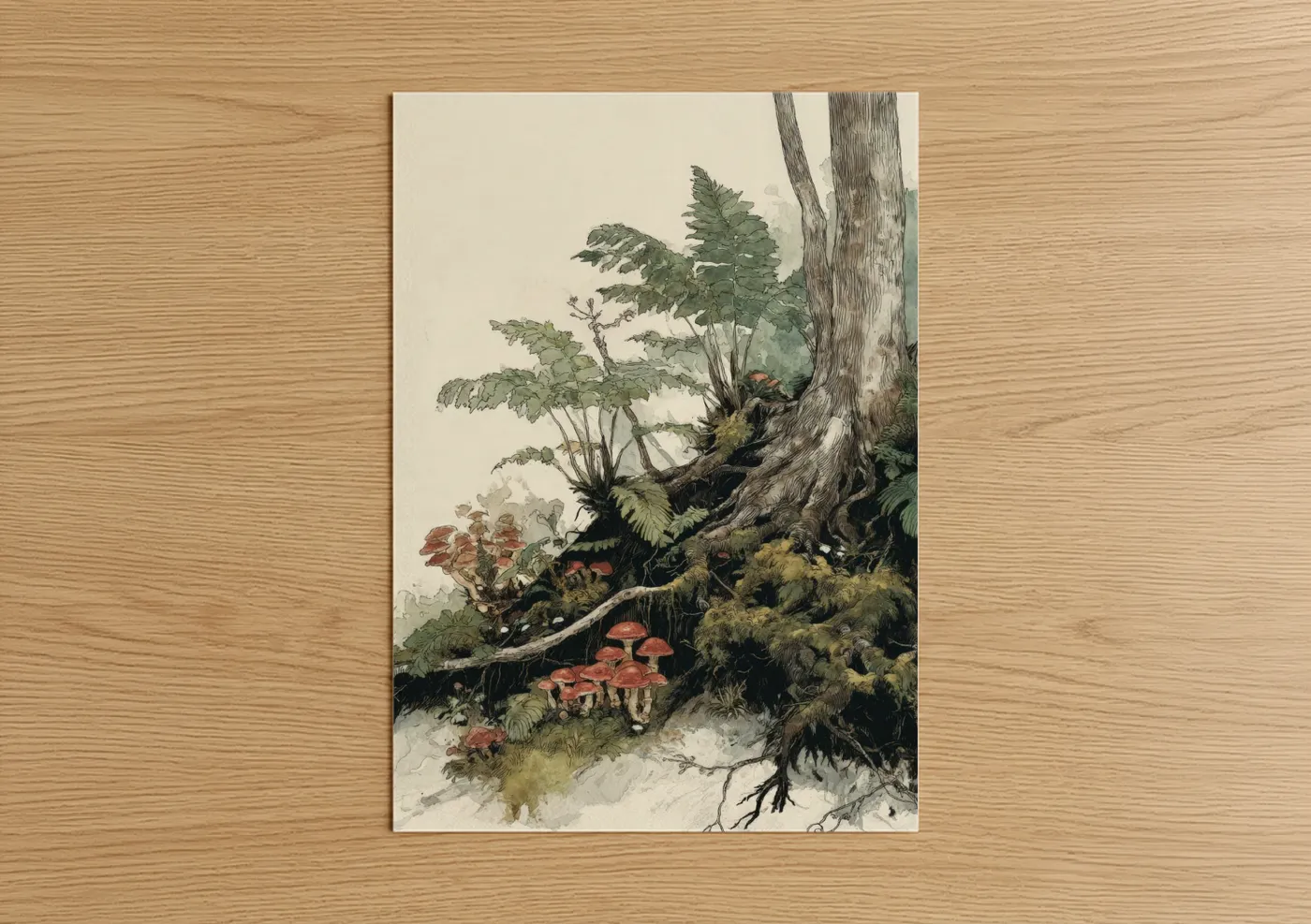 Kauri tree art print on warm oak wood — sage green and cream palette — Enchanted Kauri Grove poster