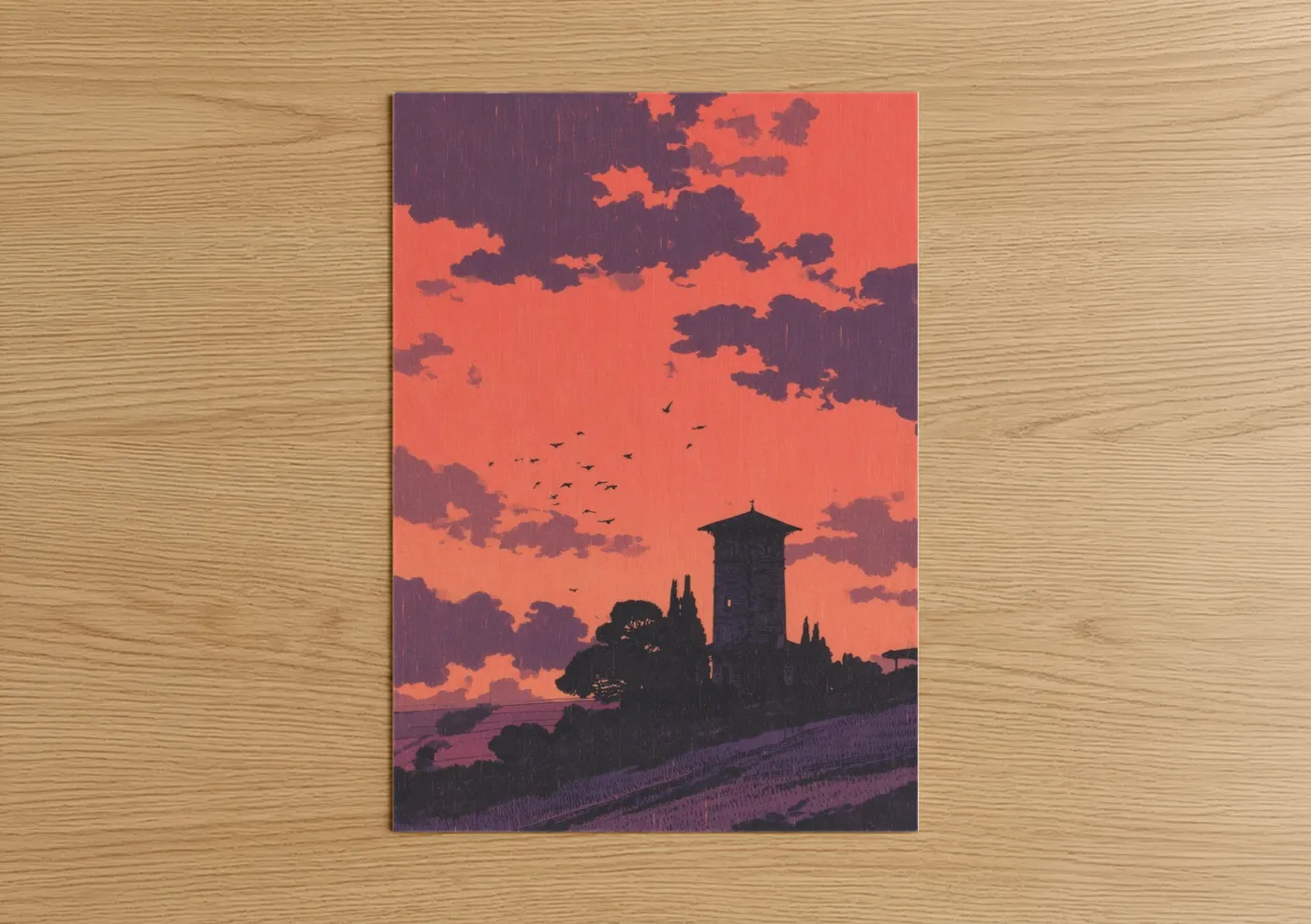 Towers art print on warm oak wood — red and purple palette — Crimson Tower Sunset poster