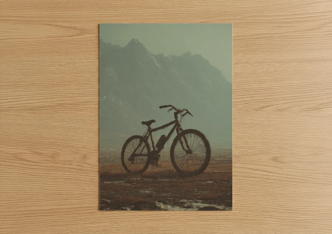 Urban bicycle art print on warm oak wood — sage green and gray palette — Mountain Bicycle poster