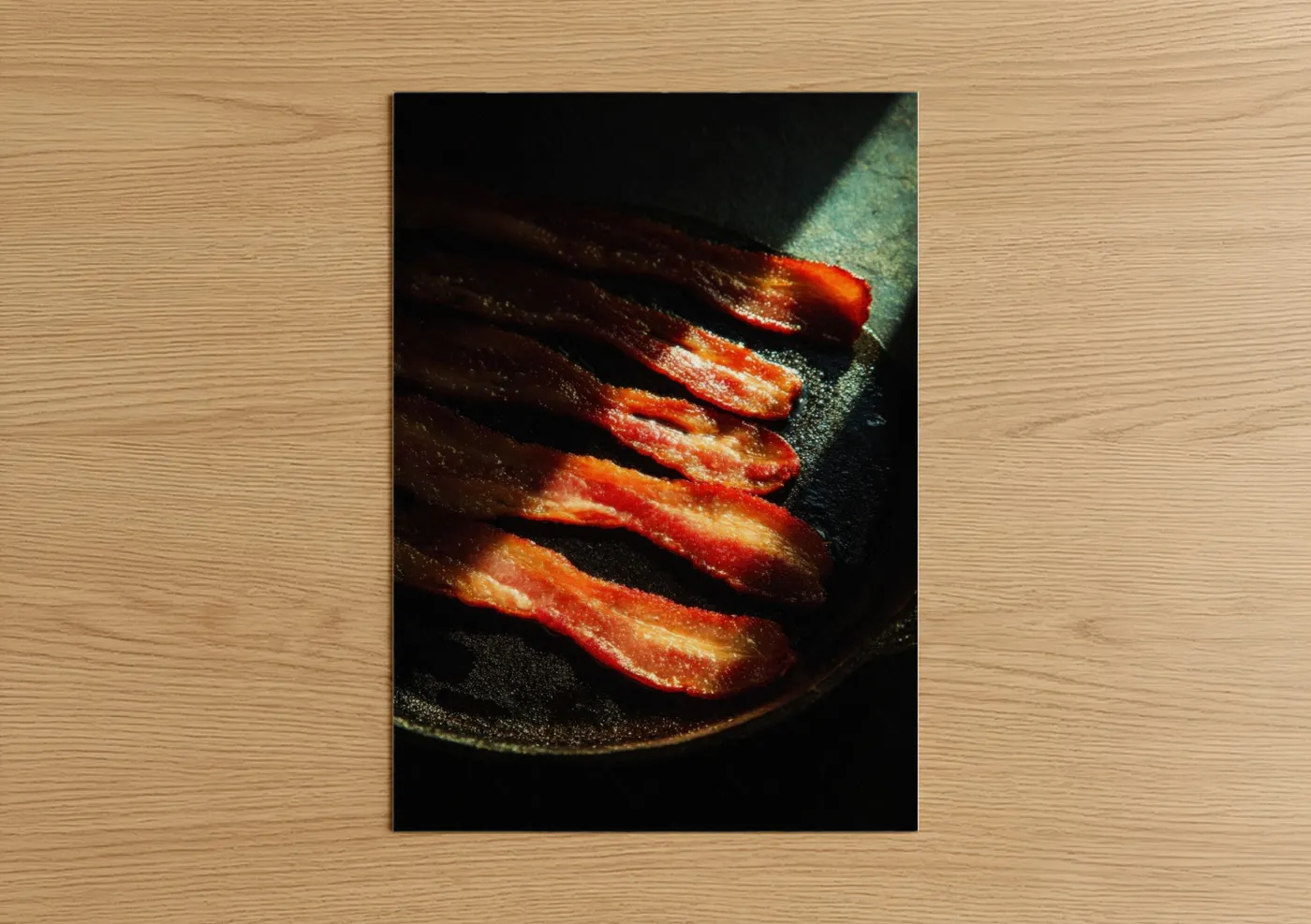 Art print on warm oak wood — red and gold palette — Seared Meat Glow poster