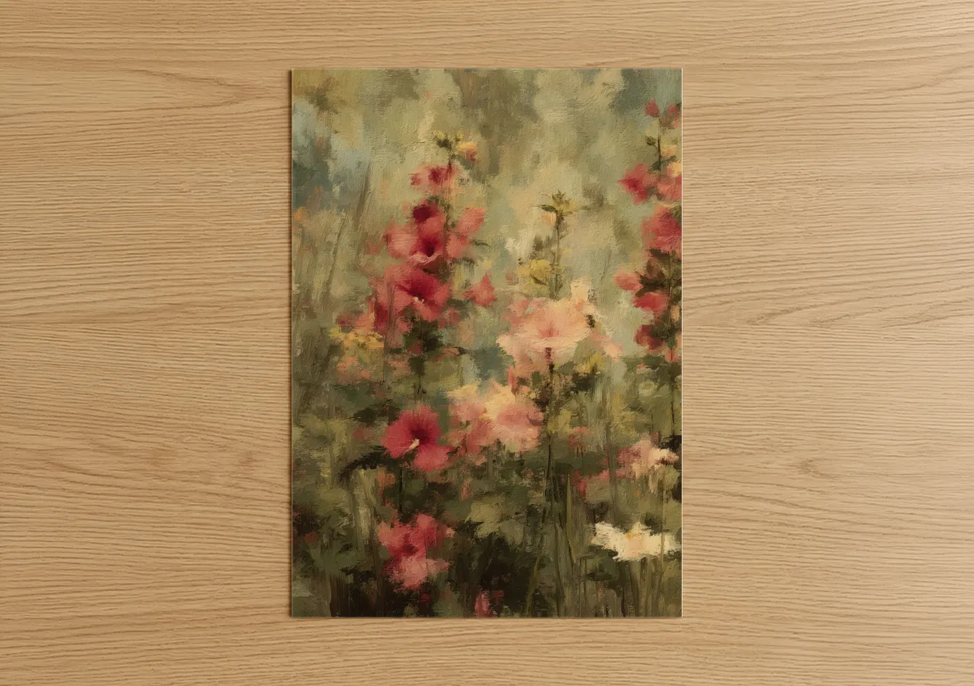 Art print on warm oak wood — salmon pink and gold palette — Crimson Hibiscus Garden poster