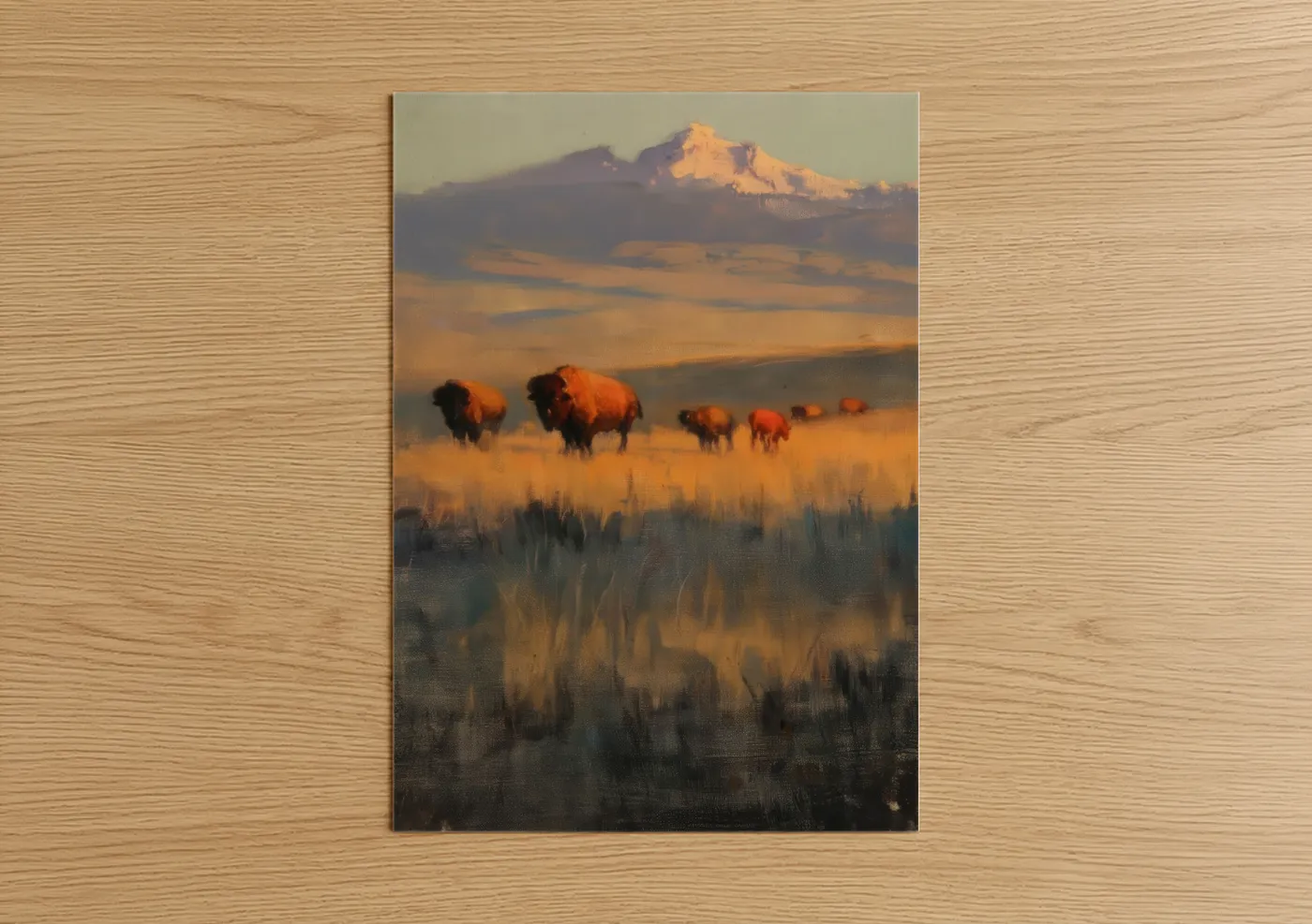 Art print on warm oak wood — gold palette — Golden Hour Bison poster