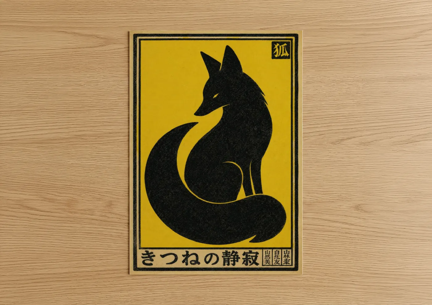 Art print on warm oak wood — yellow and black palette — Japanese Fox Woodblock Style Wall Art poster