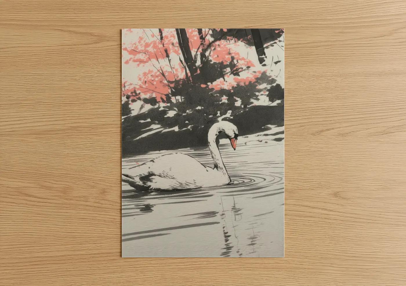 Art print on warm oak wood — black and white and salmon pink palette — Graceful Swan Lake poster