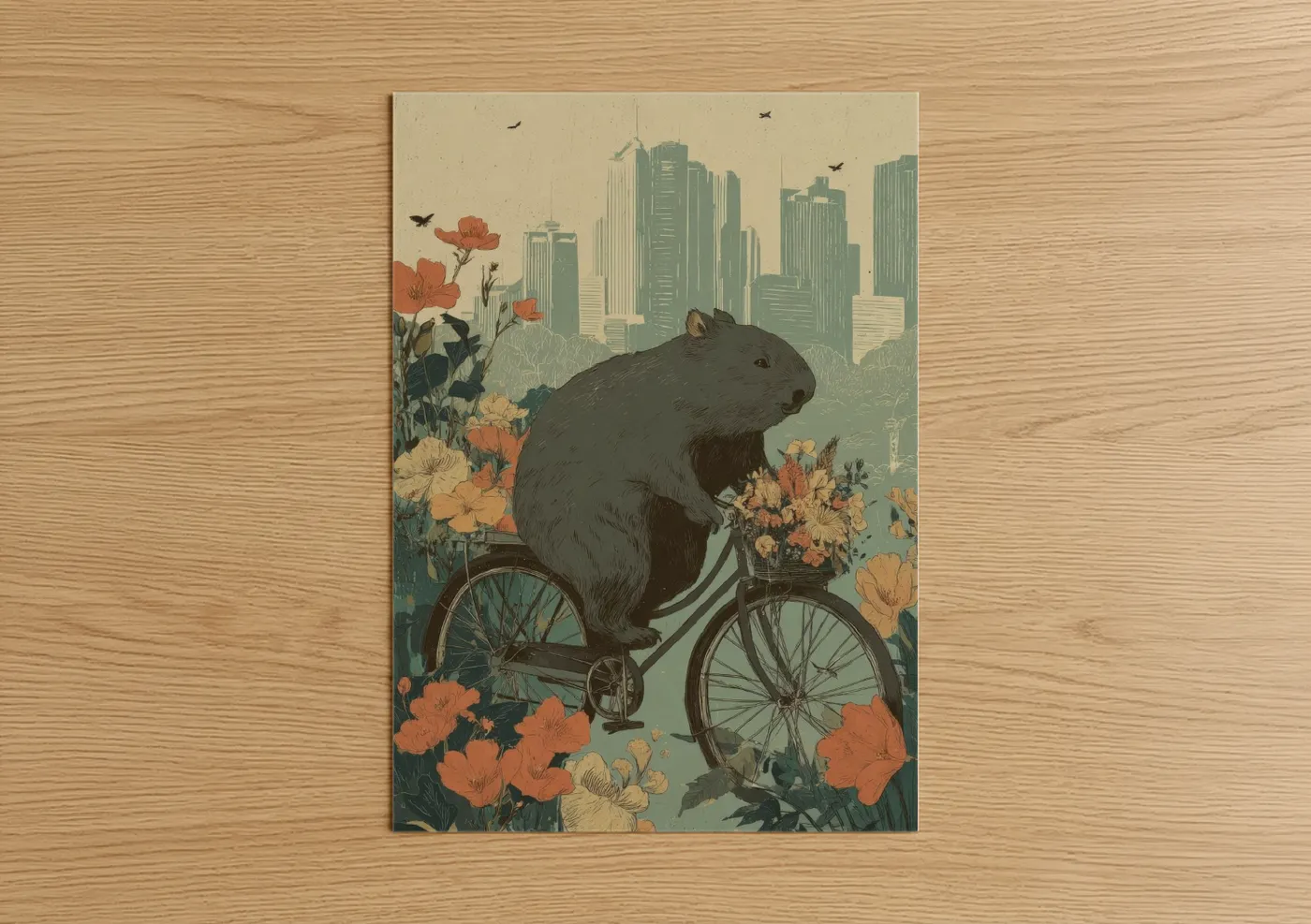 Art print on warm oak wood — sage green and russet palette — Urban Wombat poster