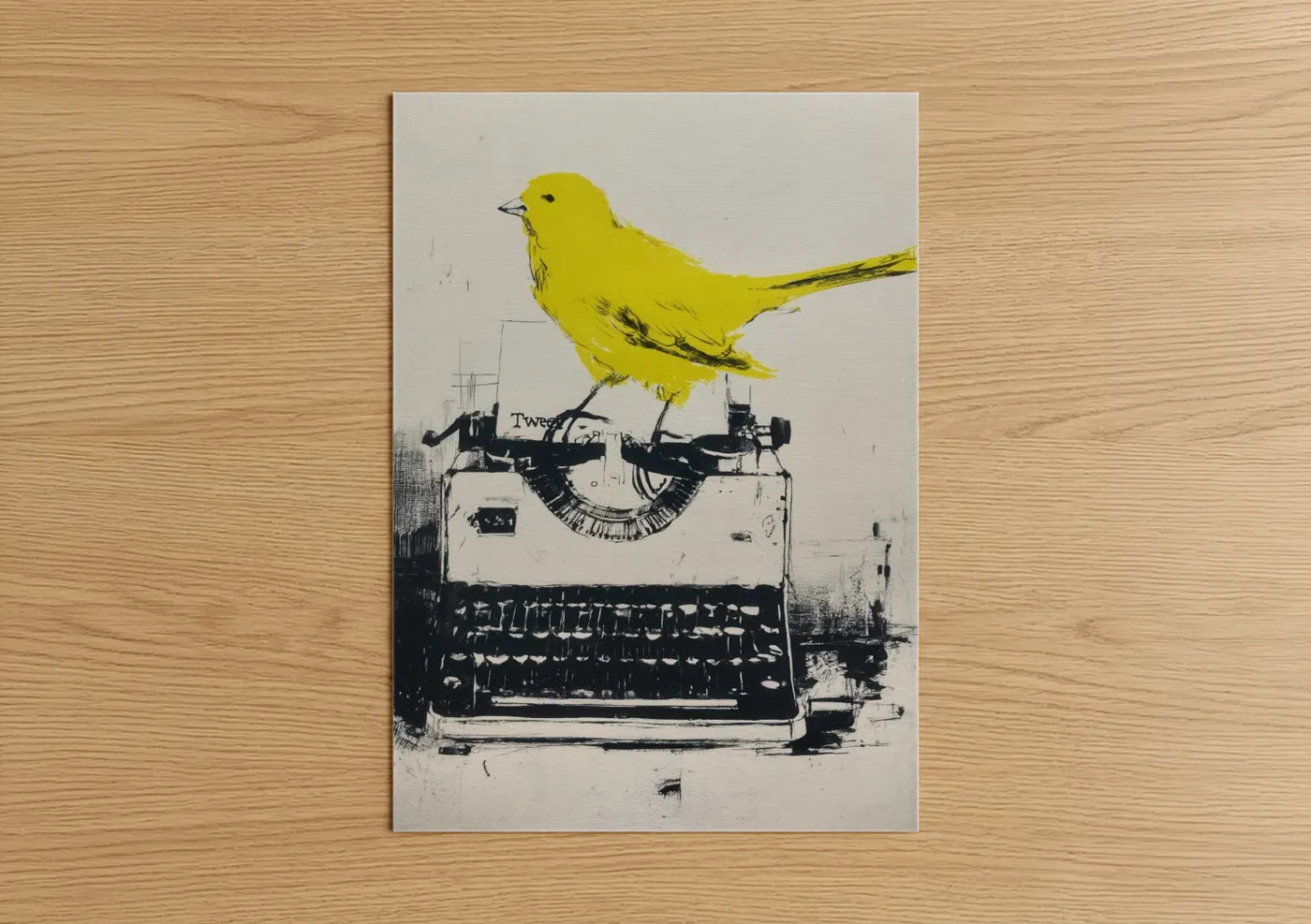 Canaries art print on warm oak wood — yellow and black and white palette — Typewriter Canary poster