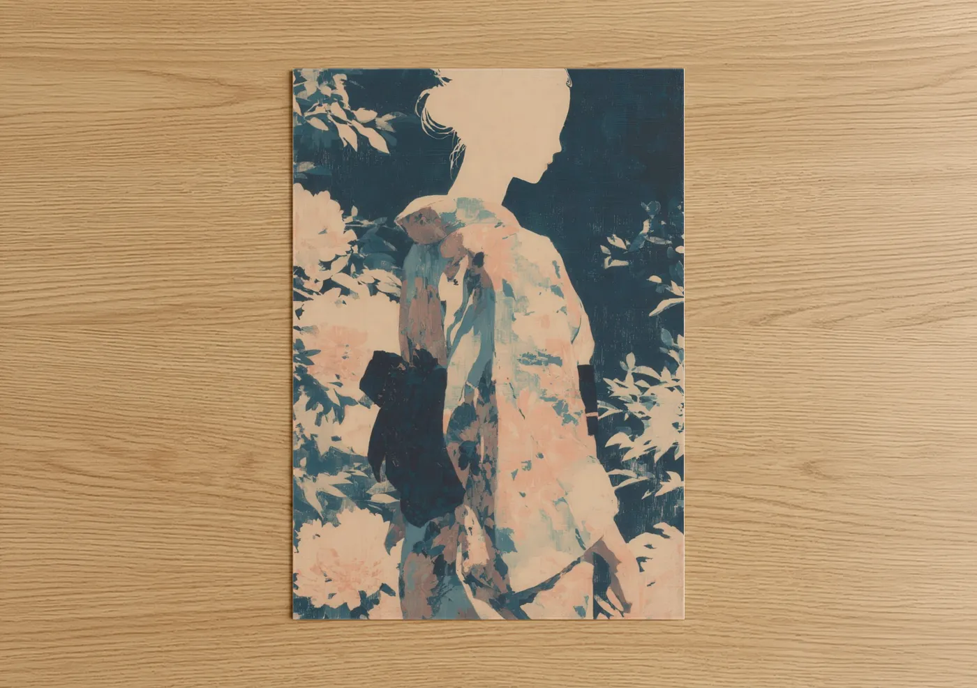 Fashion illustration art print on warm oak wood — peach and dark blue palette — Garden Profile Woman poster