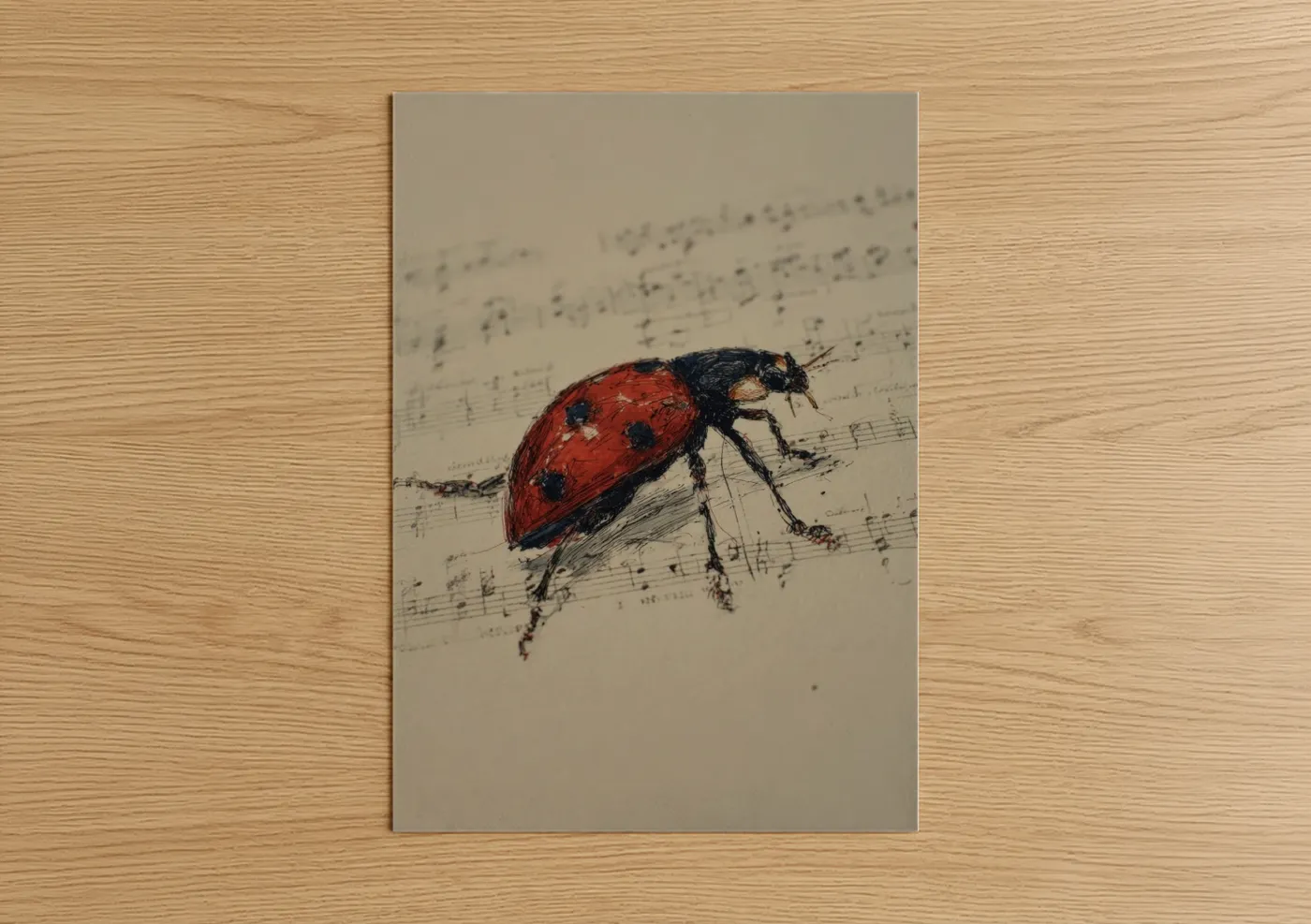 Art print on warm oak wood — red and cream palette — Musical Ladybug poster