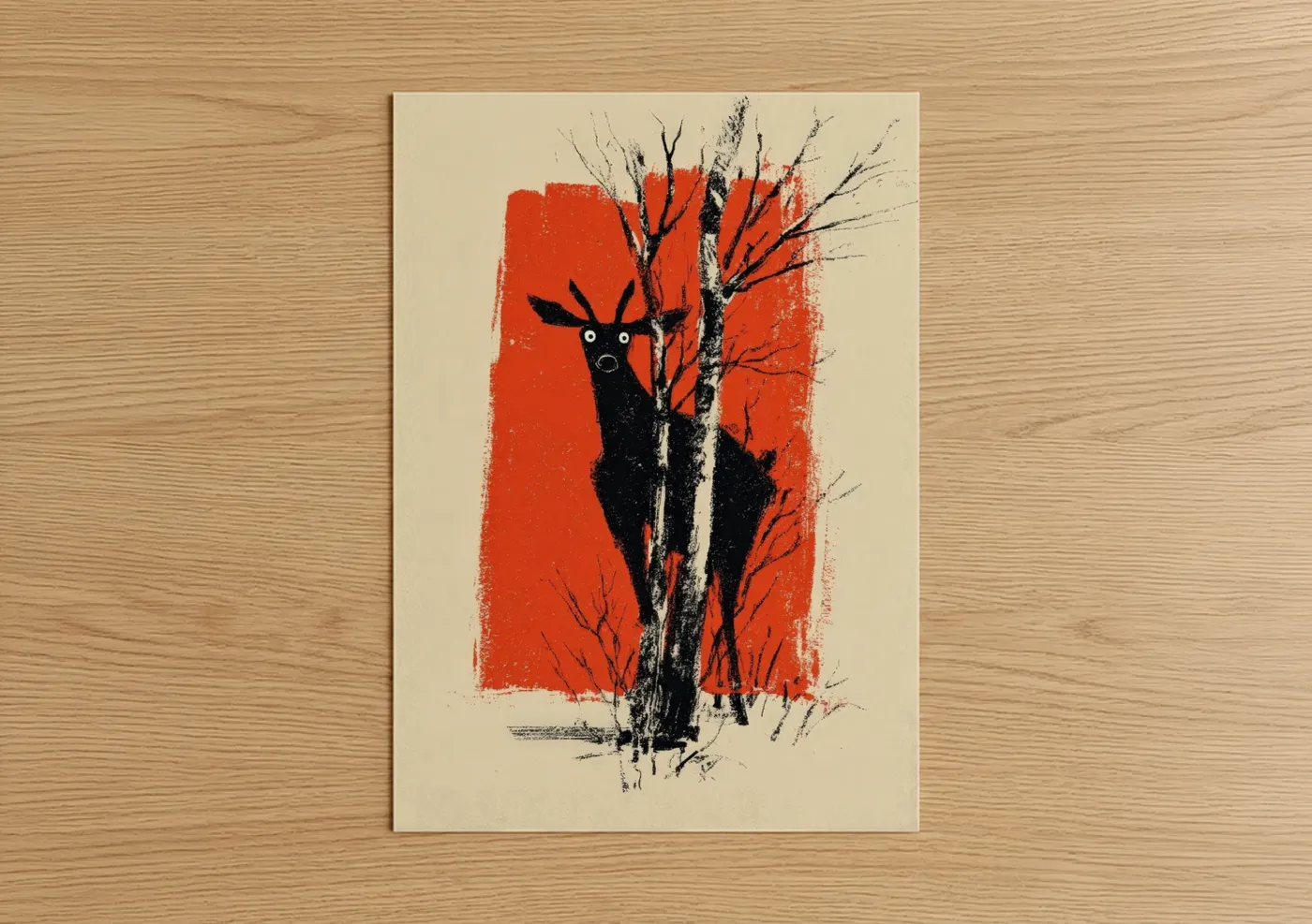 Art print on warm oak wood — red and black and white palette — Crimson Reindeer poster