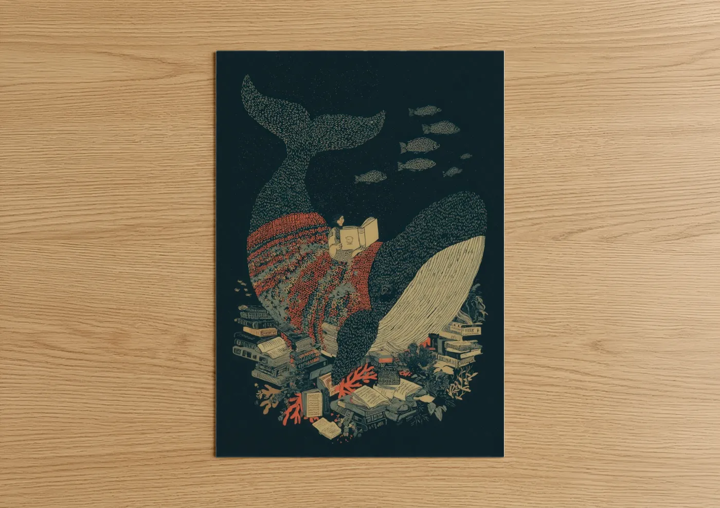 Sperm Whale Reading Books Ocean Art Wall Art