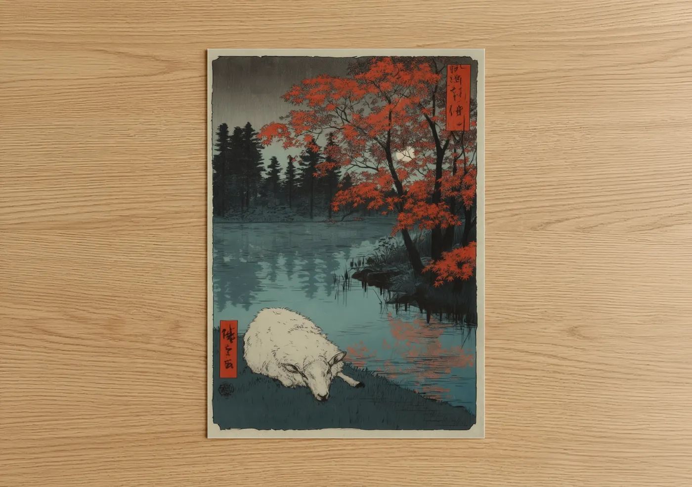 Art print on warm oak wood — red and blue palette — Autumn Sheep poster