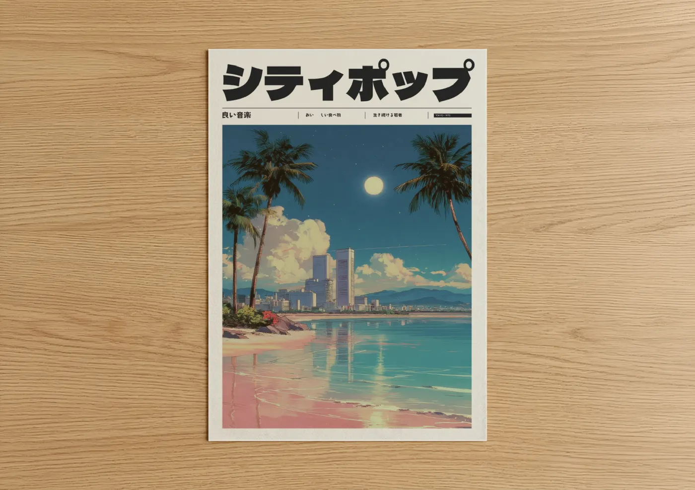 Moonlit Beach City Anime Aesthetic Wall Art