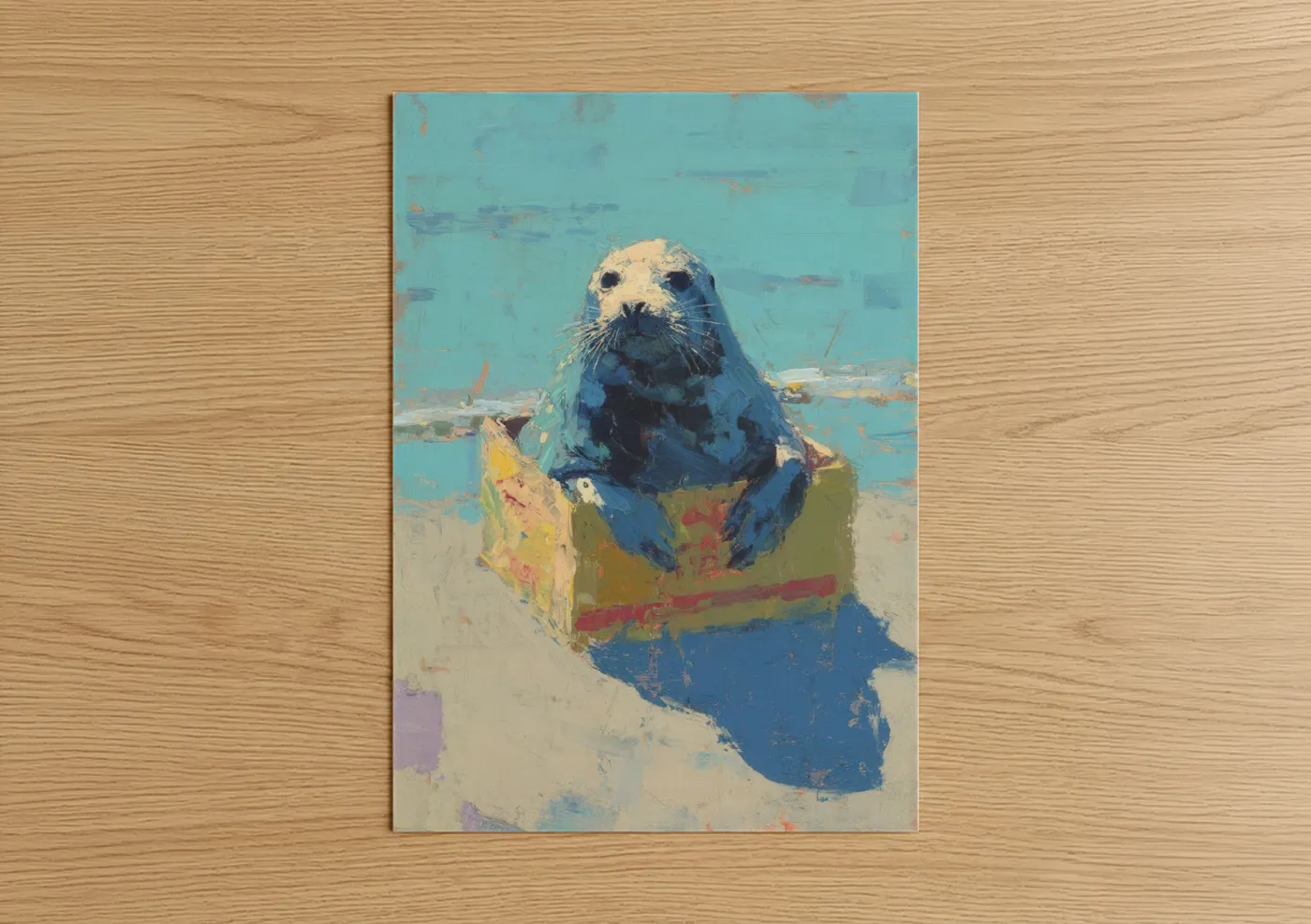 Art print on warm oak wood — teal and cream palette — Beachside Seal poster