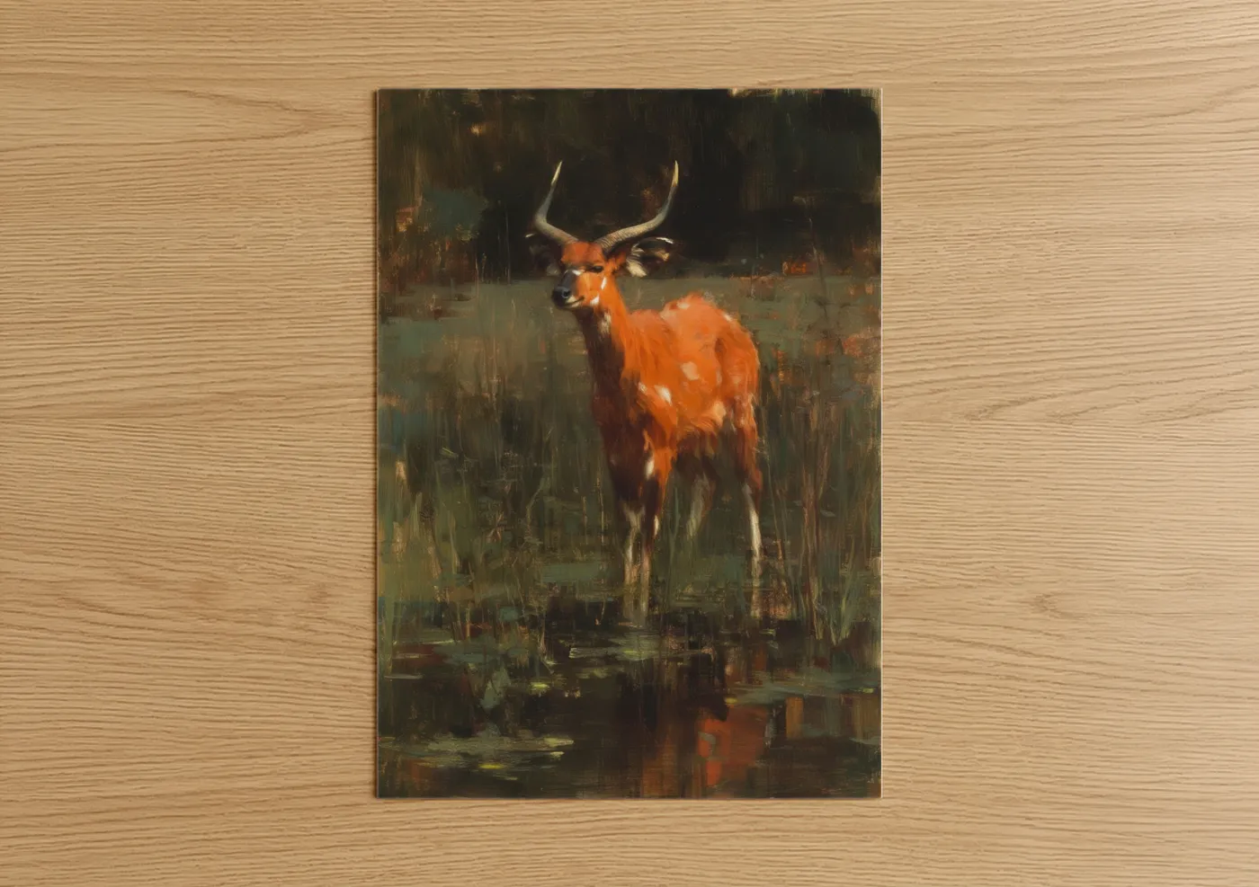 Art print on warm oak wood — russet and gold palette — Russet Antelope poster